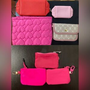 Set of 7 Pink Red Beige Quilted Makeup Pouch Passport Holder Clutch Bag Purse